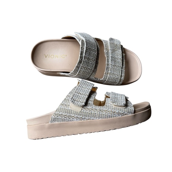 Vionic - Riviera Slide Double Strap Textured Tan Sandals Sz 7 Wide - Picture 2 of 11